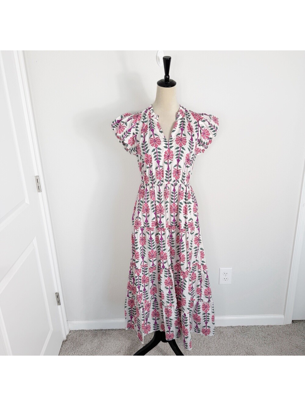 J.Crew Pink White Floral Tiered Cotton Midi Dress Cottagecore Boho Size 6